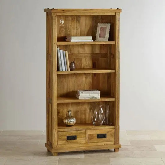 Solid Mango Wood Four Open Shelf 2 Drawers Devi Bookshelf.  