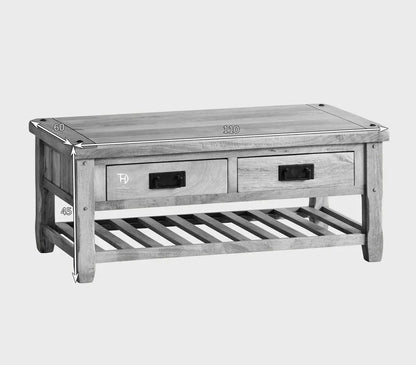 Solid mango wood Two drawer and one shuttered shelf Devi coffee table.  