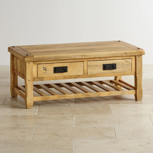 Solid wood Two drawer and one shuttered shelf Devi coffee table.  