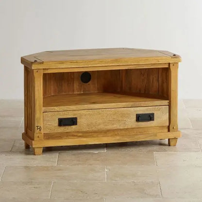 Mango Wood One drawer and One shelf Devi Corner Tv Cabinet in Mango Natural Finish.