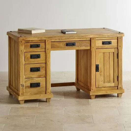 One Door Six Drawer Devi Rom Desk Made in Solid Mango Wood, One Door and Six Drawer For Keep Storages.  