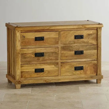 Solid mango wood Six drawer chest with black chest handle by The Home Dekor. 