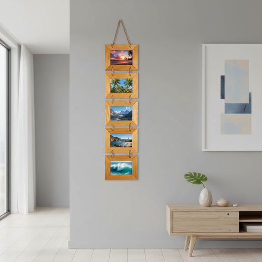 A vertical photo frame made of mango wood with five glass windows, tied together with a rope.