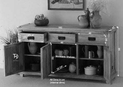 Wooden Three door and Three drawer  Devi Sideboard with elegant black chest handle by The Home Dekor. 