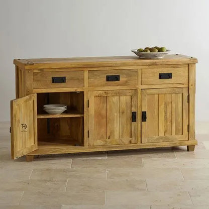 Solid wood Three door and Three drawer  Devi Sideboard with elegant black chest handle by The Home Dekor. 