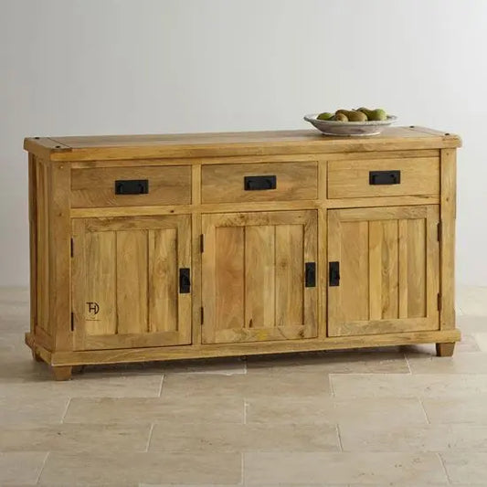 Mango wood Three door and Three drawer  Devi Sideboard with elegant black chest handle by The Home Dekor. 