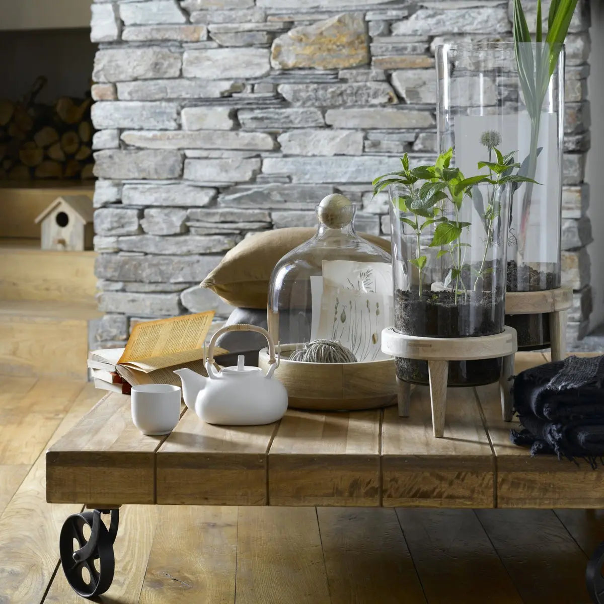 Solid wood and metal wheels Low height Devi square coffee table. 