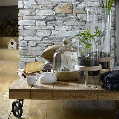 Solid wood and metal wheels Low height Devi square coffee table. 