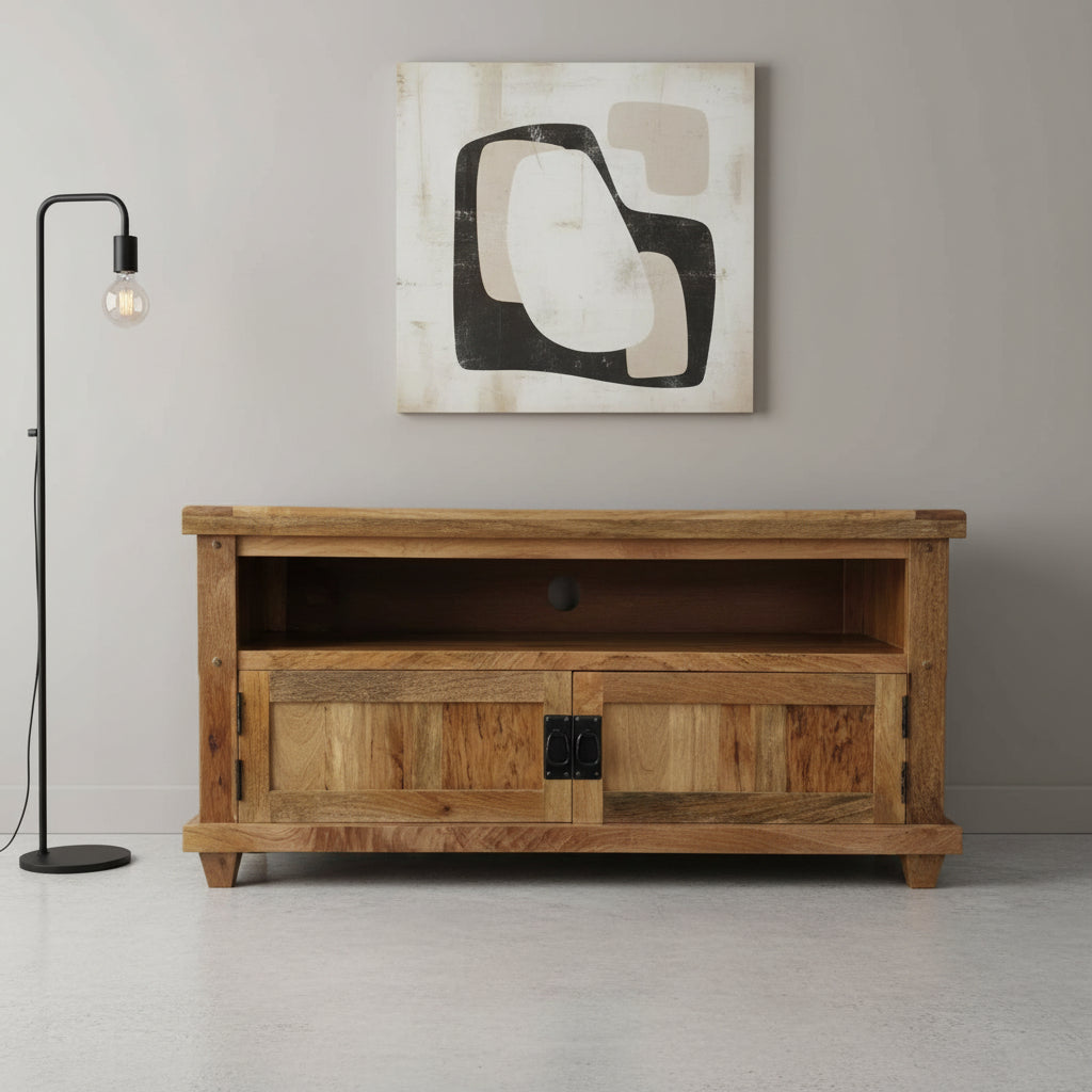 A wooden Devi TV cabinet with an open shelf and a closed compartment with a door, presented in an online product setting against a neutral background.
