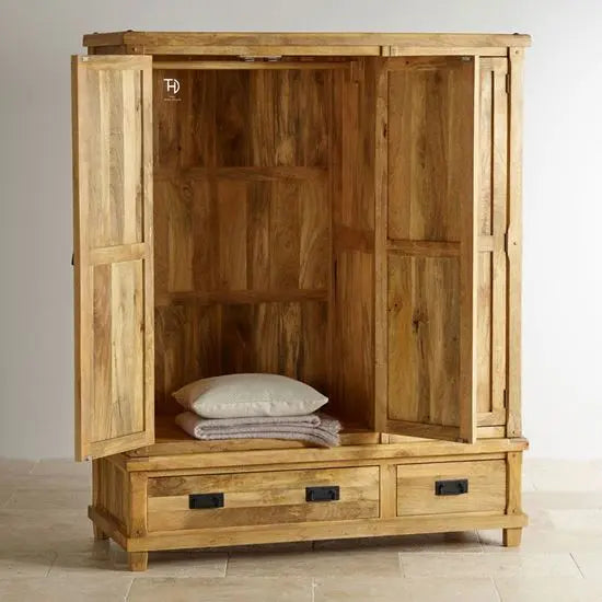 Long three door wardrobe Made in Solid mango wood in mango natural finish.