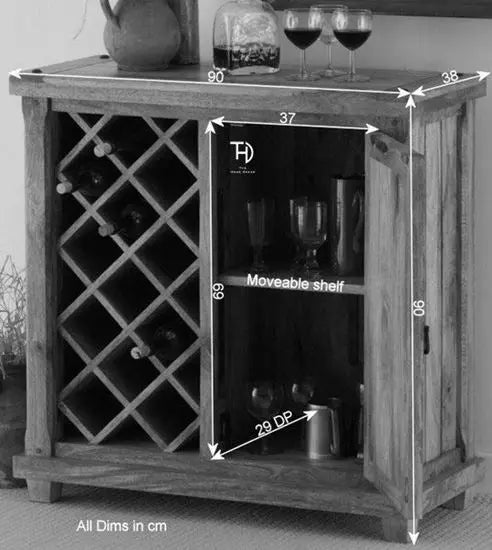 Mango Wood One Door and Bottle Rack Devi Solid Wood Bar Cabinet. 