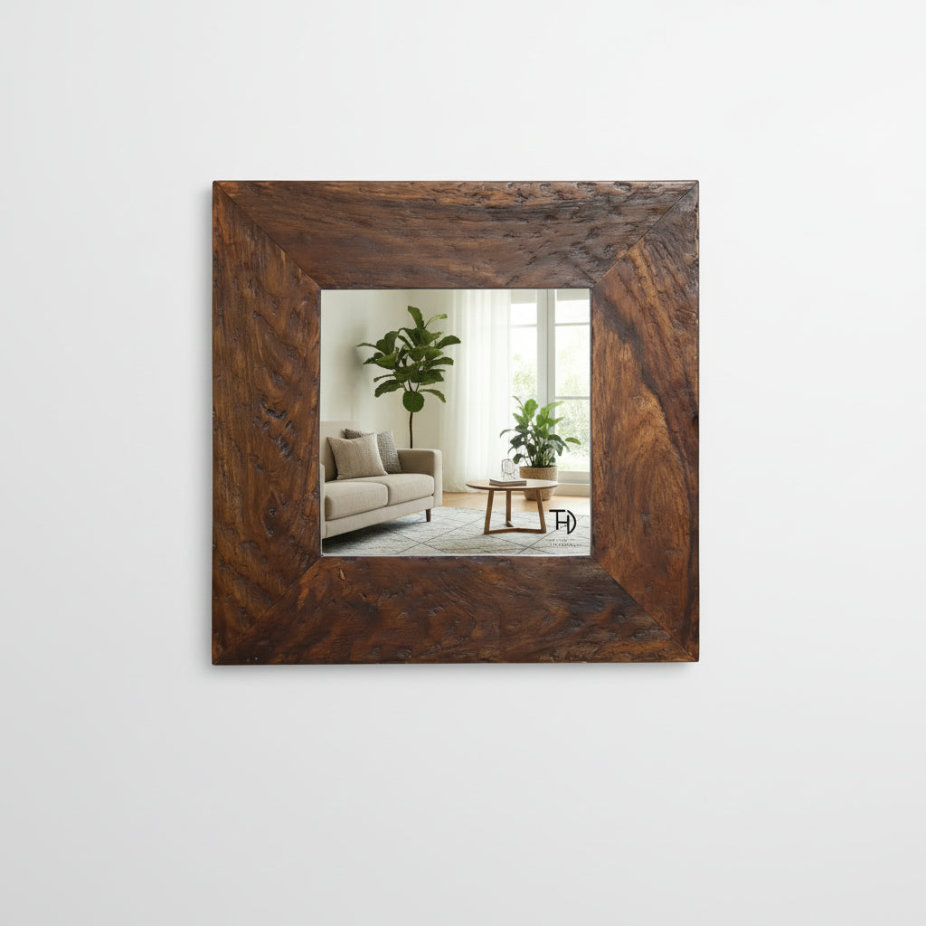 A square-shaped, rustic look, distress finish mirror frame made of solid Sheesham wood.