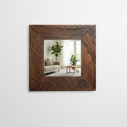 A square-shaped, rustic look, distress finish mirror frame made of solid Sheesham wood.