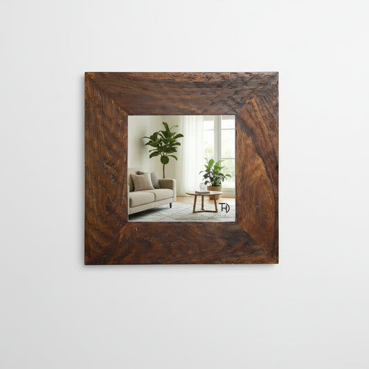 A square-shaped, rustic look, distress finish mirror frame made of solid Sheesham wood.