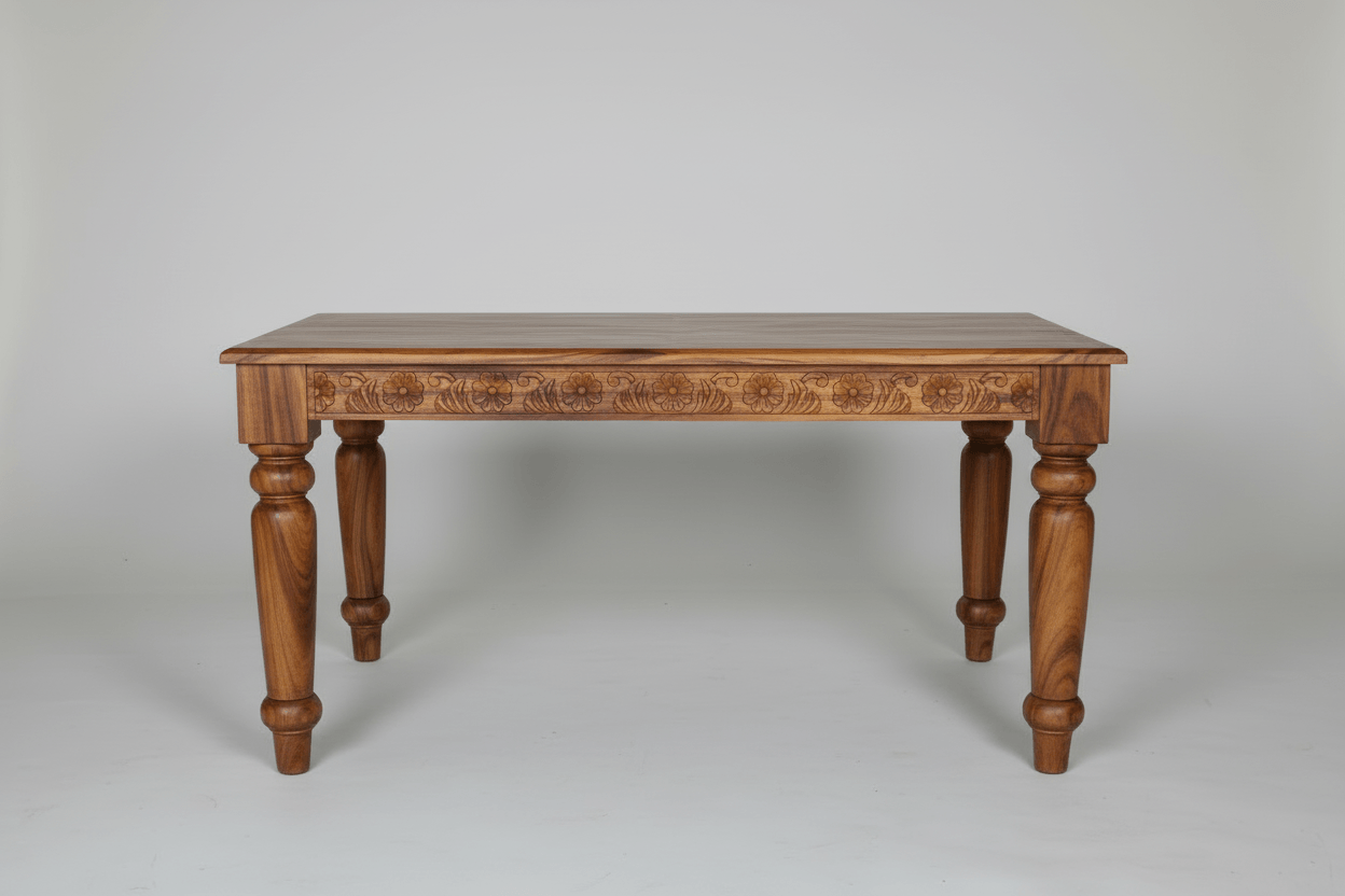 Solid wood Dome four seater dining table with intricate carvings.