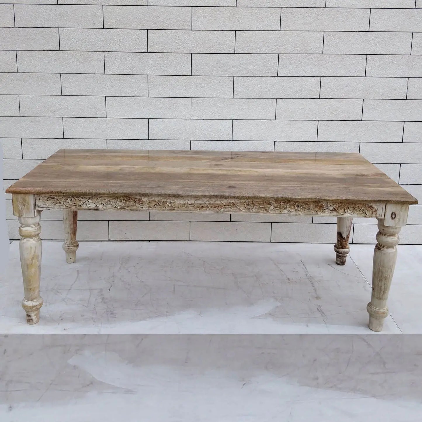 Sheesham wood Rectangle shape Dome eight seater dining table with intricate carvings in antique white finish.