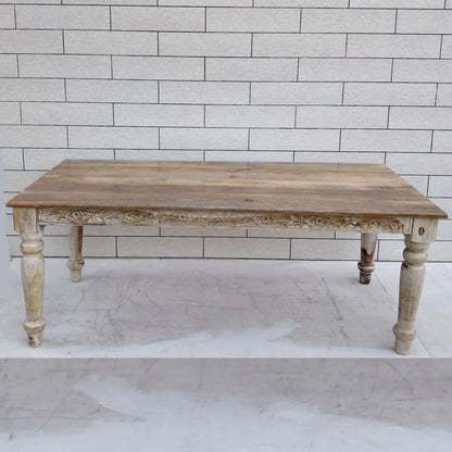 Sheesham wood Rectangle shape Dome eight seater dining table with intricate carvings in antique white finish.