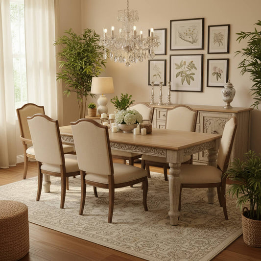 Solid wood Rectangle shape Dome eight seater dining table with intricate carvings in antique white finish.