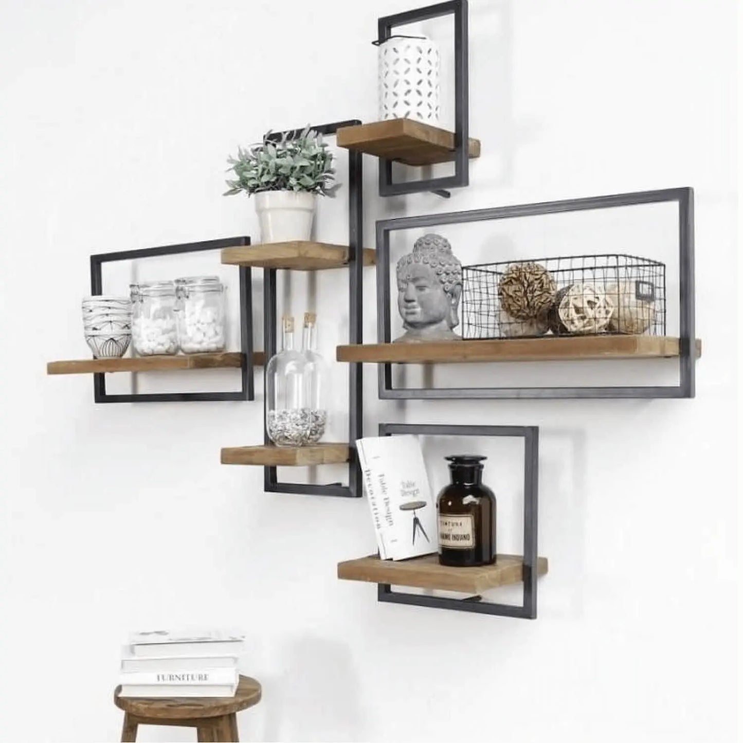 Solid sheesham wood and metal wall rack set 5 pcs Dublin shelves for wall. 