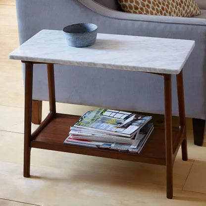 Solid Sheesham wood one shelf rectangle End table handmade with white marble stone.  
