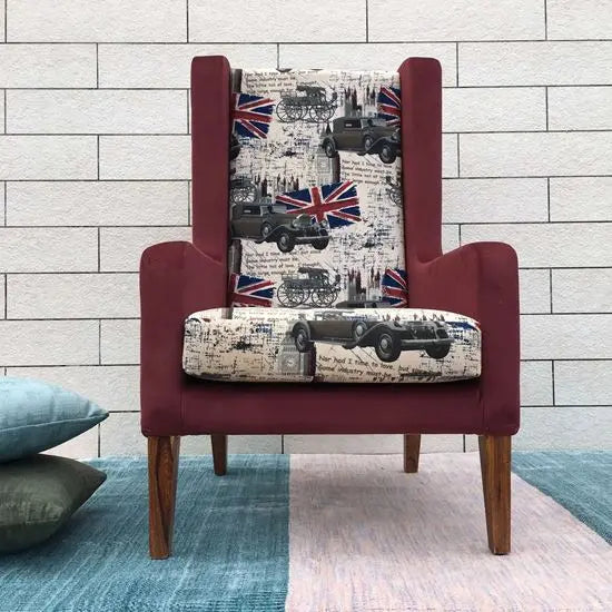 Solid wood Structure Enda wing chair in natural finish with printed fabric. 