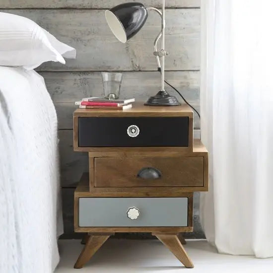 Solid Wood Three Drawer Zigzag Enkel Solid Wood Bedside Table. 
