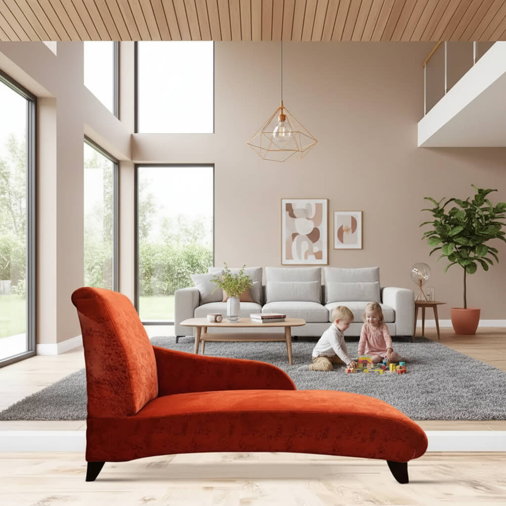 A red upholstered Erica Lounger.