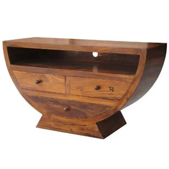 Round shape eureka tv cabinet with  three drawers and one open shelf
