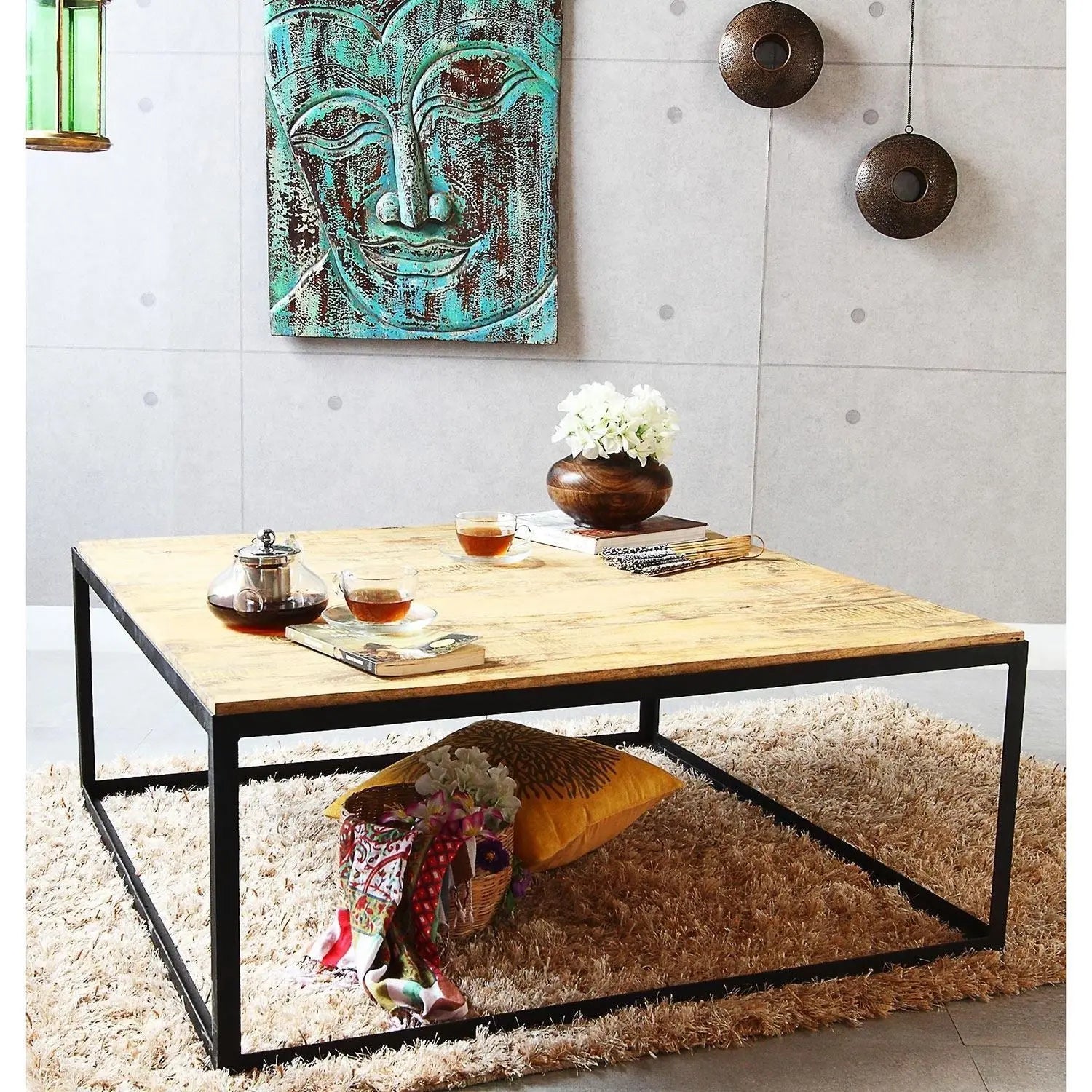 Solid Wood Top and Metal Frame Ferrous Square Coffee Table. 