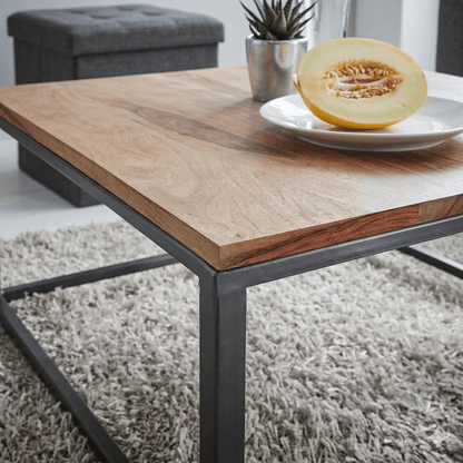 Solid sheesham wood and metal frame square top Rustic ferrous coffee table. 