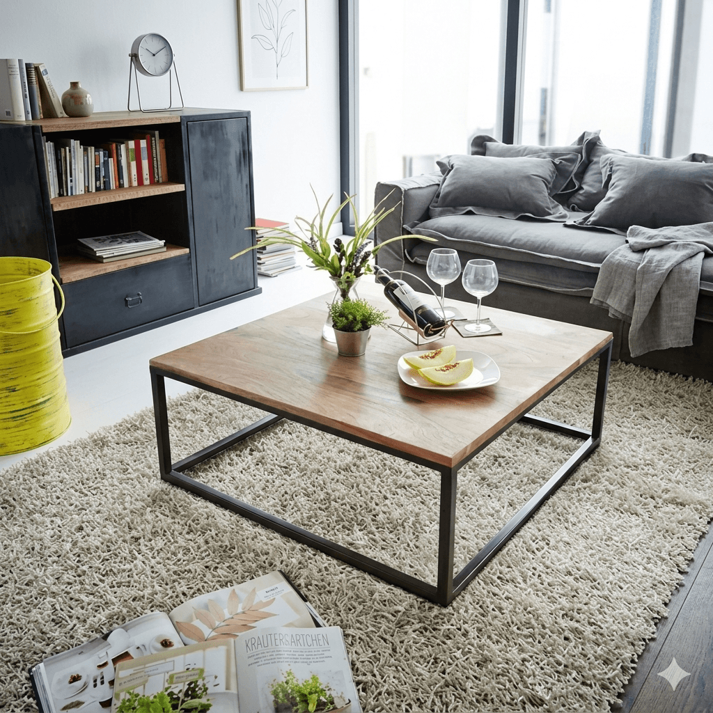 A square coffee table with a natural sheesham wood top and black metal frame base. 