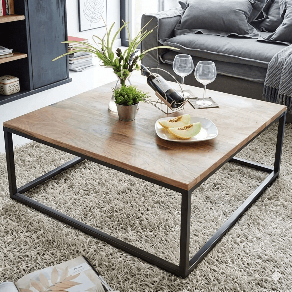 Solid wood and metal frame square Rustic ferrous coffee table. 