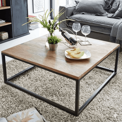 Solid wood and metal frame square Rustic ferrous coffee table. 