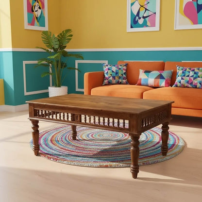 Solid wood traditional rectangular coffee table With  turned legs and wooden girli in Bottom panel of Girli coffee Table.