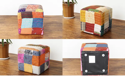 Multicolored patchwork cube Gitto stool pouf.