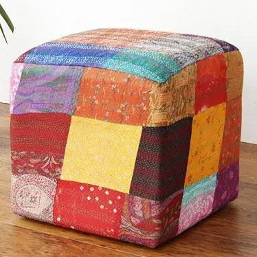 Multicolored patchwork ottoman.