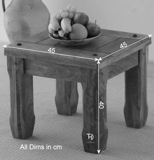 Solid wood square-shaped side table visible grain patterns. 