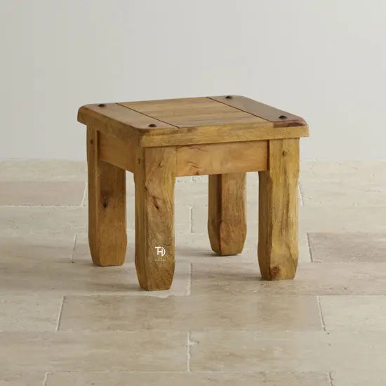 Solid mango wood square-shaped side table visible grain patterns. 