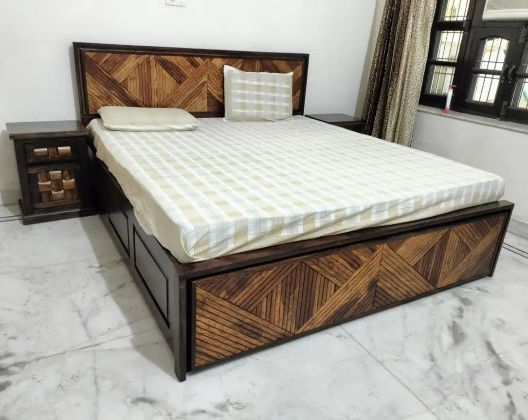 Sheesham wood bed online at best price with storage for bedroom.