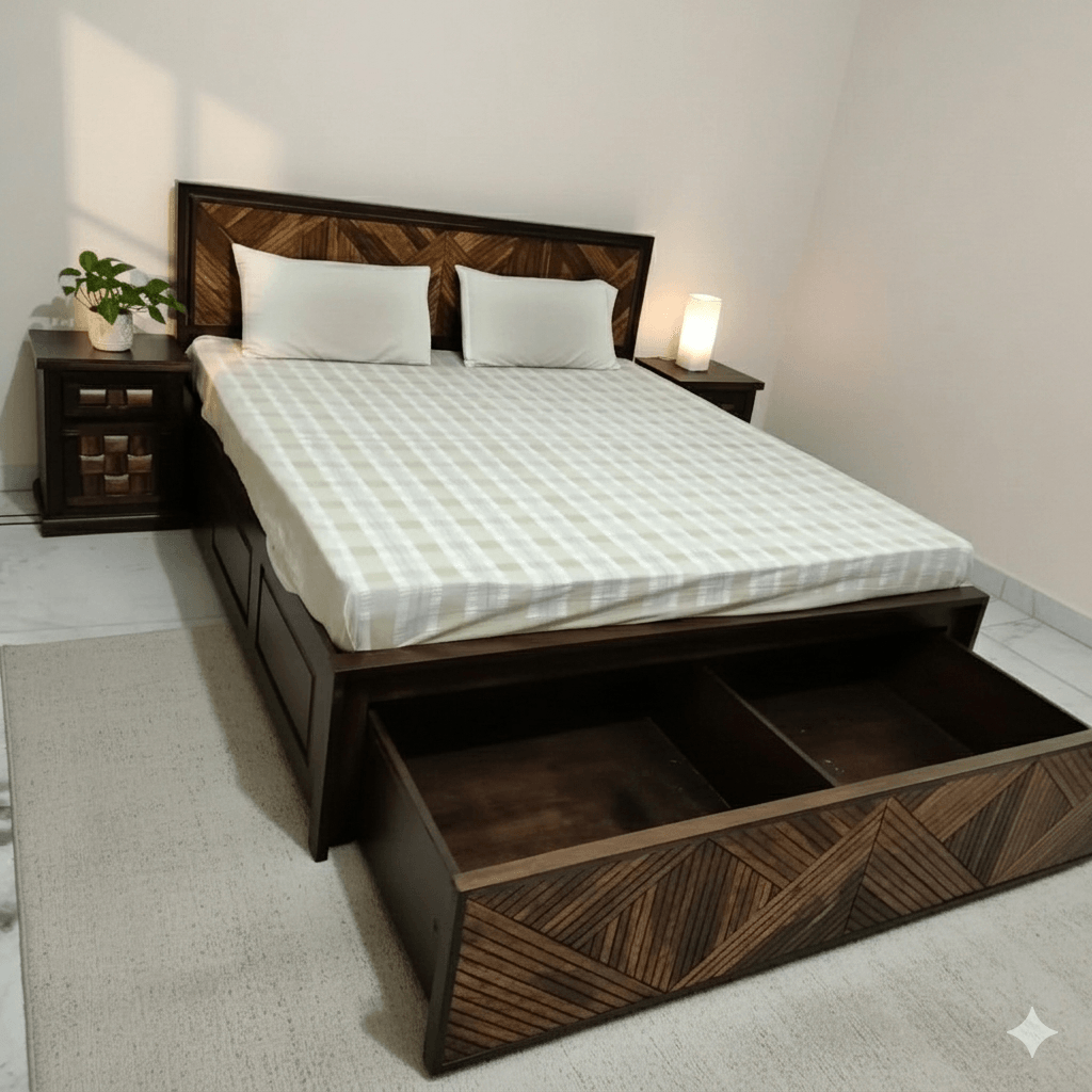 Wooden bed with storage drawers in a bedroom setting. 