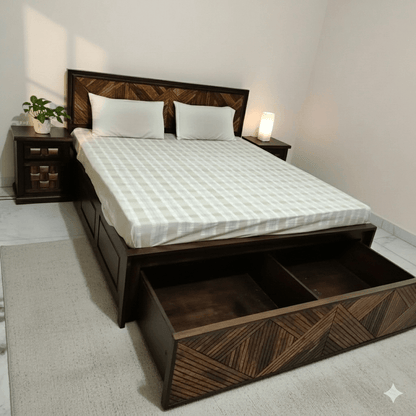 Wooden bed with storage drawers in a bedroom setting. 
