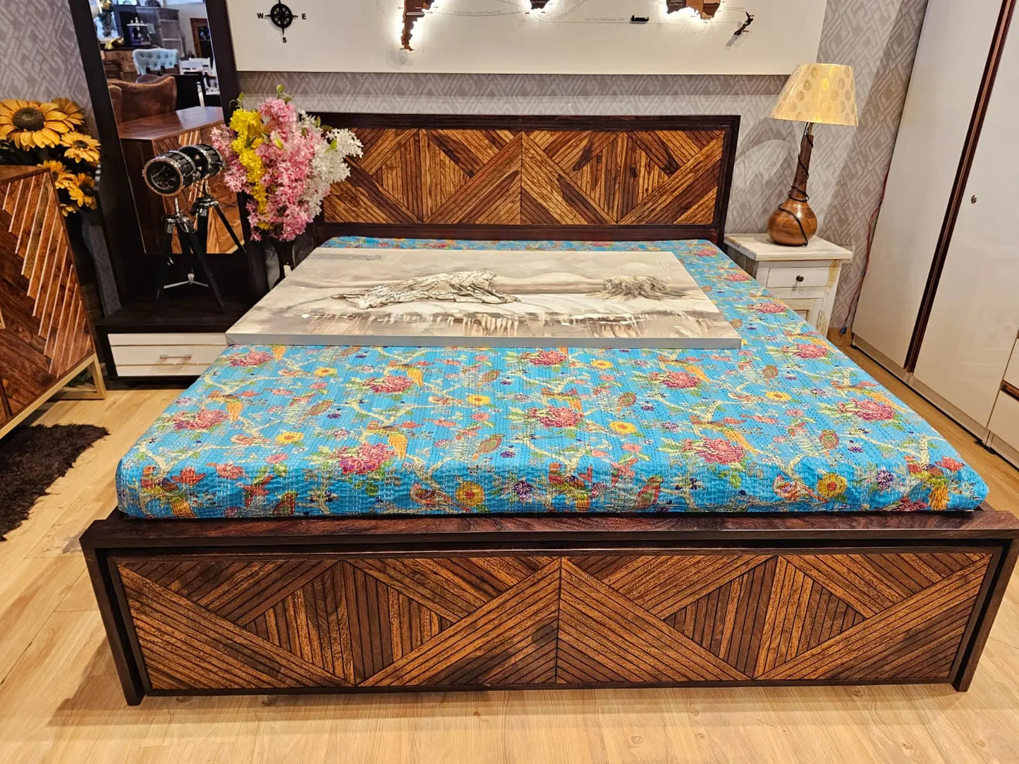 Wooden bed with heringbone design, Soild wood Bed with storage.
