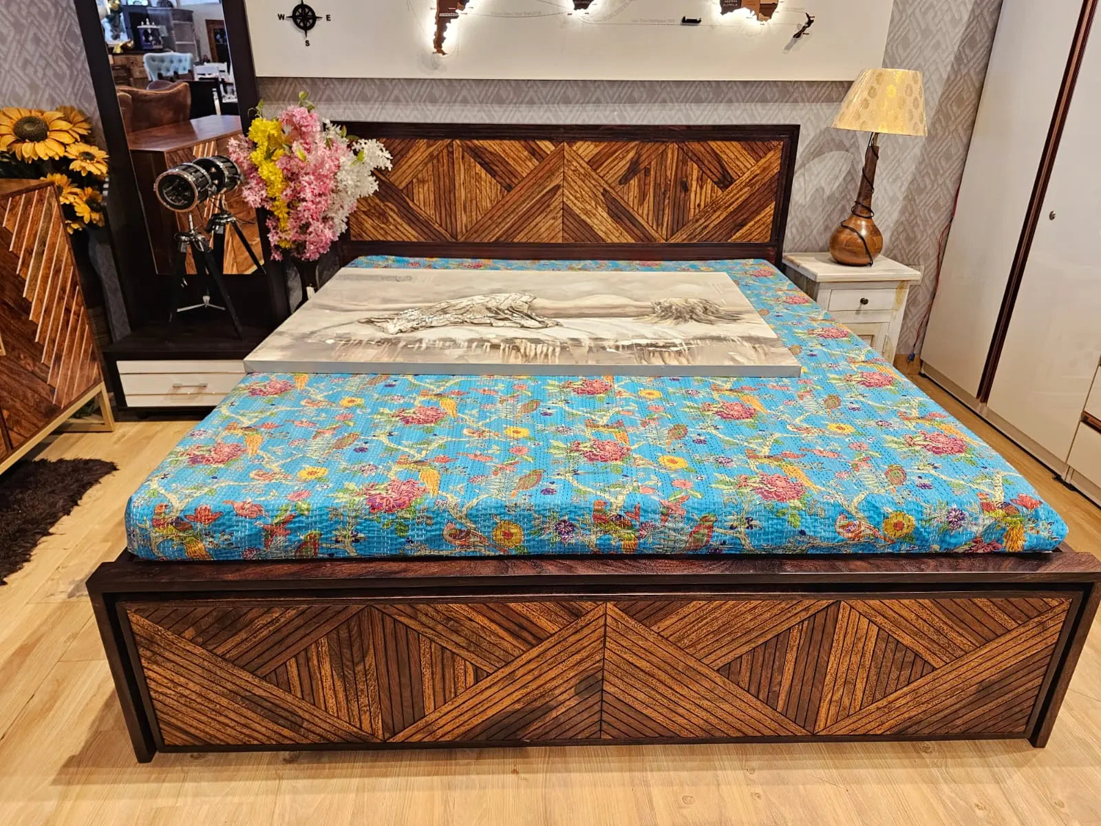 Wooden bed with heringbone design, Soild wood Bed with storage.