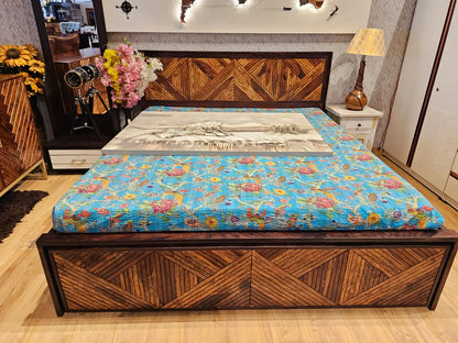 Wooden bed with heringbone design, Soild wood Bed with storage.