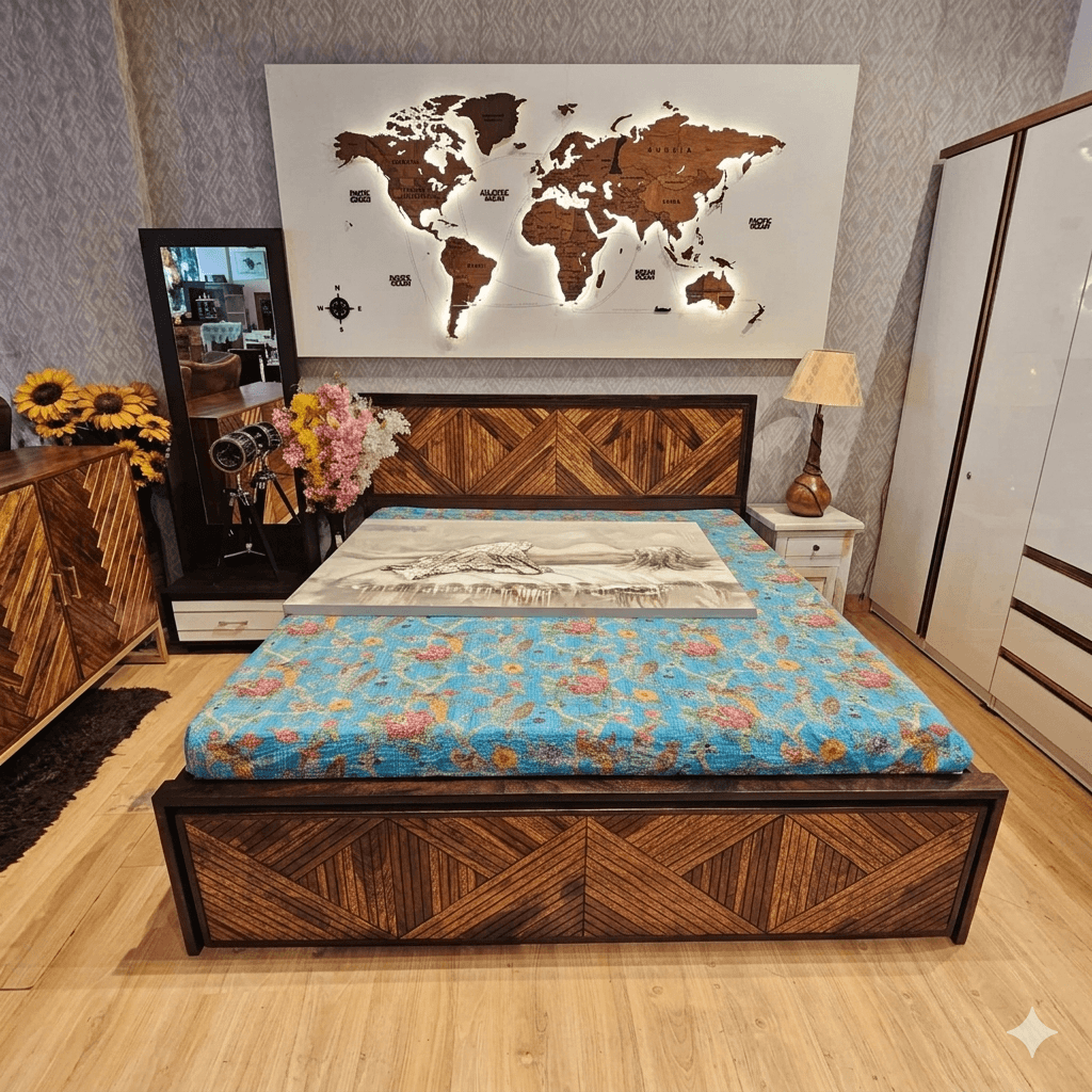 Wooden bed with heringbone design, Soild wood Bed with storage.