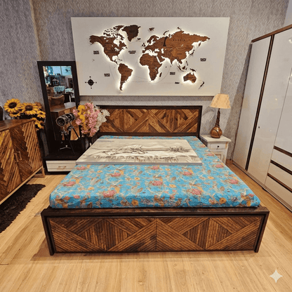 Wooden bed with heringbone design, Soild wood Bed with storage.