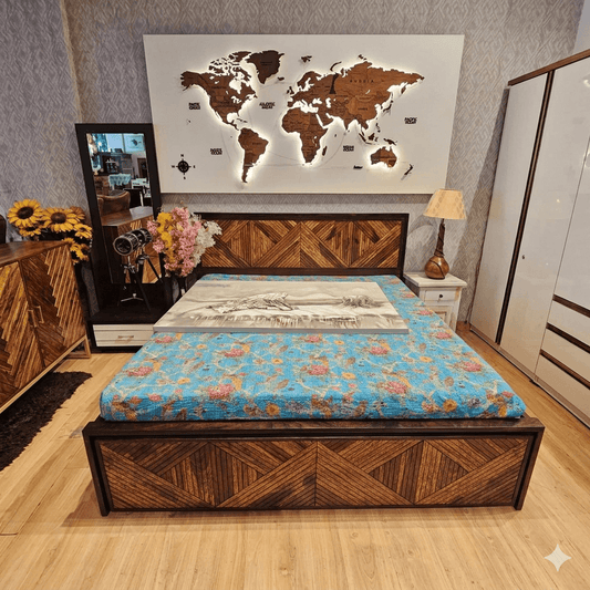Wooden bed with heringbone design, Soild wood Bed with storage.