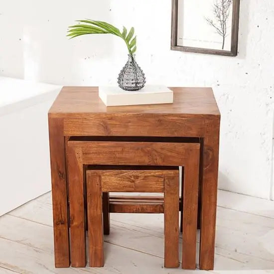 Solid Wood Simplistic Design Hamil Nesting Table Set 3 Pcs For Keeps Decorative items and Flower Pots for Room Decoration. 
