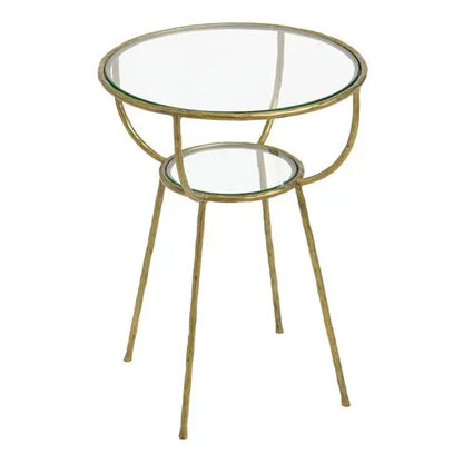 Round shaped Hammering Side Table with a hammered finish golden color metal base and a clear glass top.