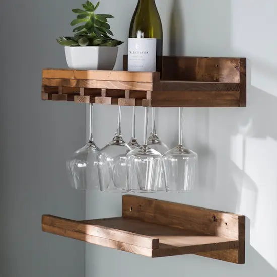 Wooden Glass Hanger and Bottle Rack Rustic Wall Mount Bar. 